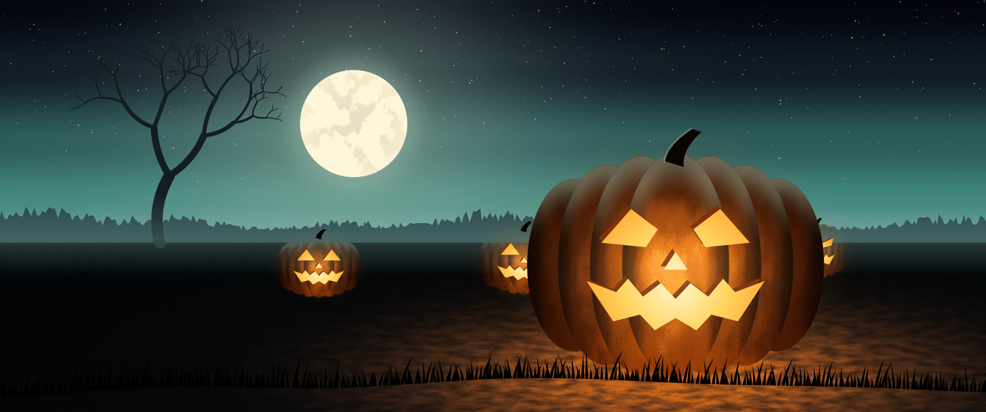 Teal Carved Jack O Lantern ultrawide wallpaper, 3440 × 1440