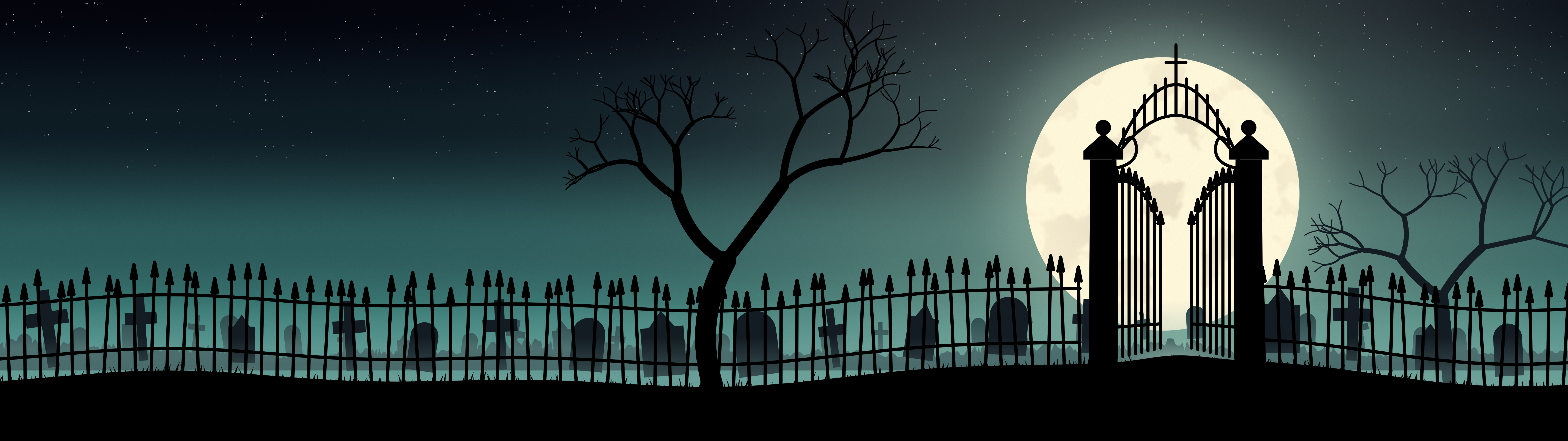 Teal Cemetery Gate dual monitor wallpaper, 7680 × 2160