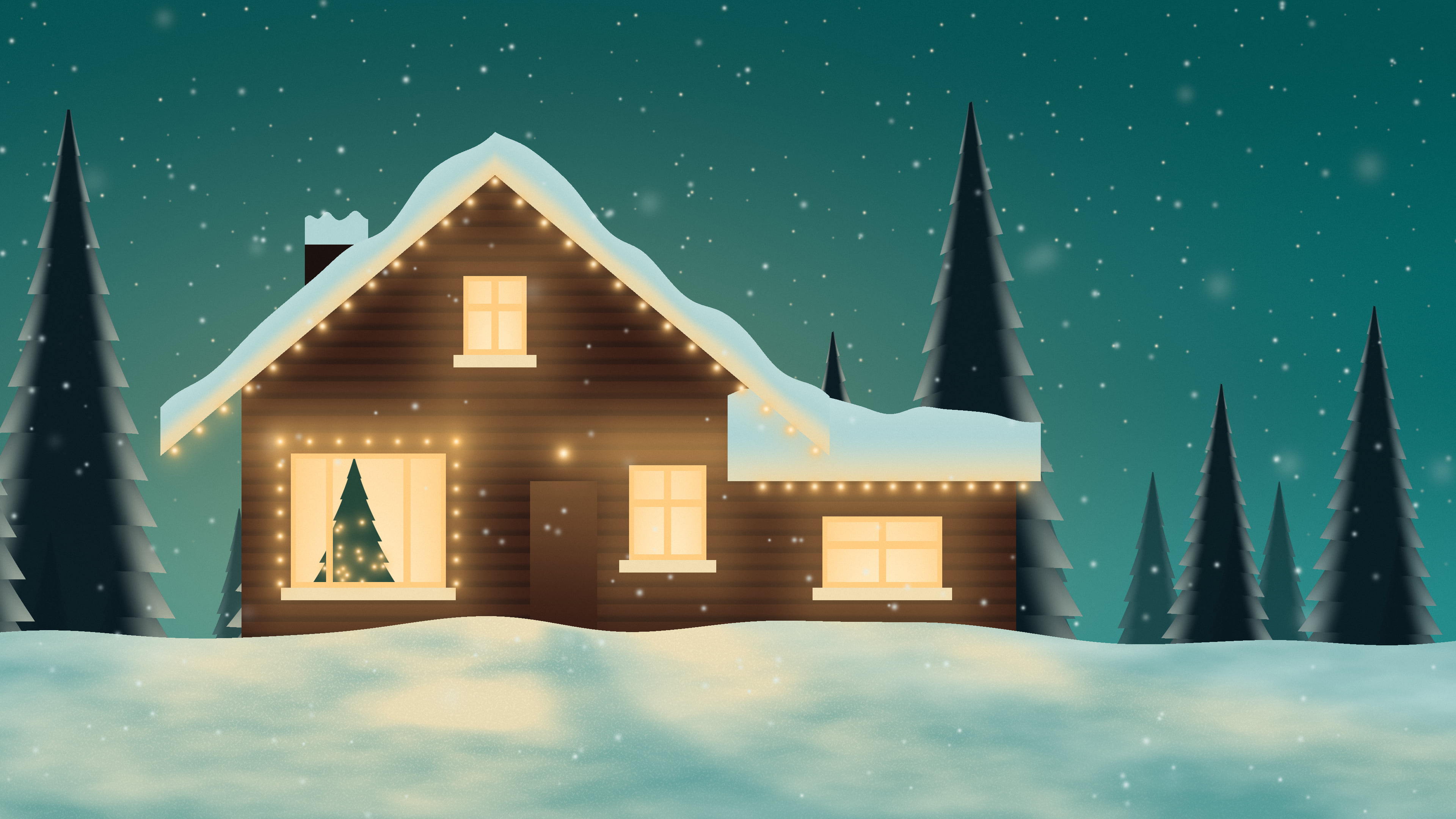 Teal Christmas Lights House desktop wallpaper in 4K