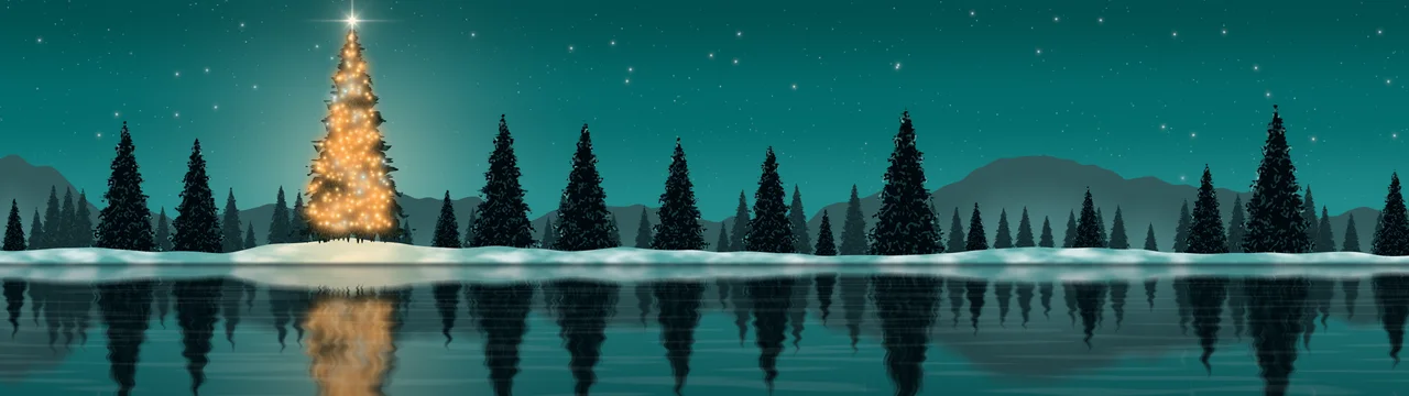 Teal Christmas Tree by a Lake dual monitor wallpaper, 7680 × 2160