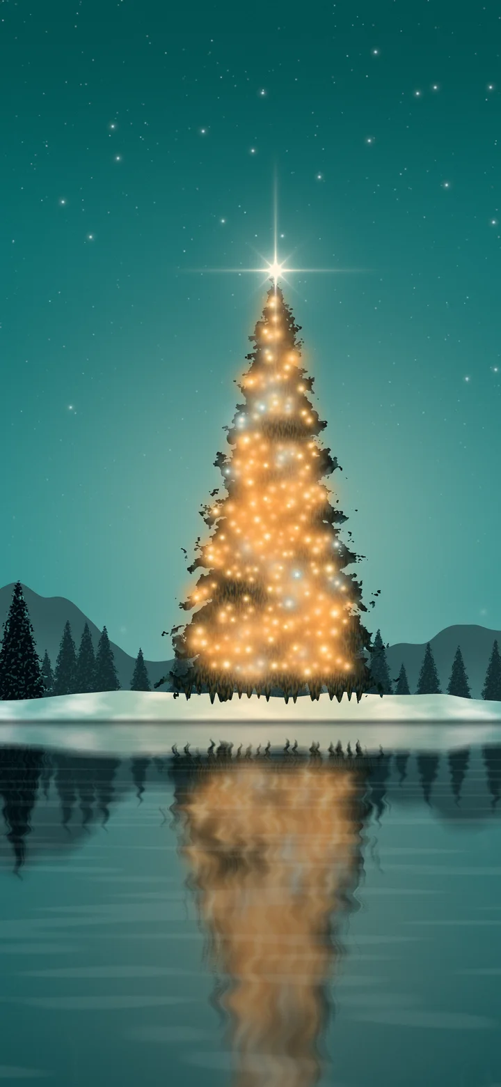 Teal Christmas Tree by a Lake wallpaper for iPhone and Android