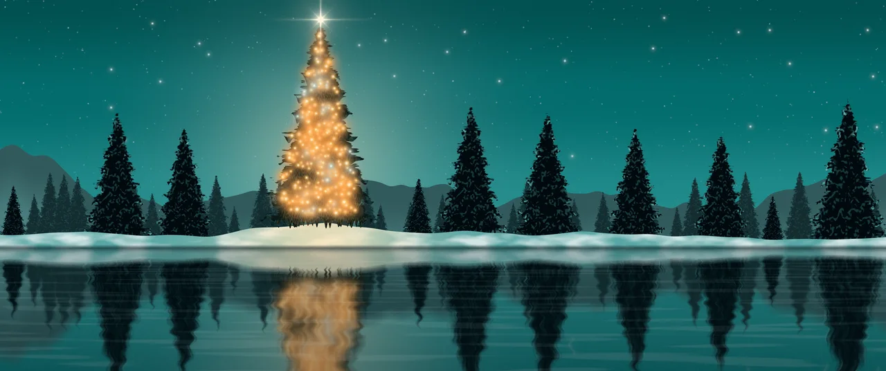 Teal Christmas Tree by a Lake ultrawide wallpaper, 3440 × 1440