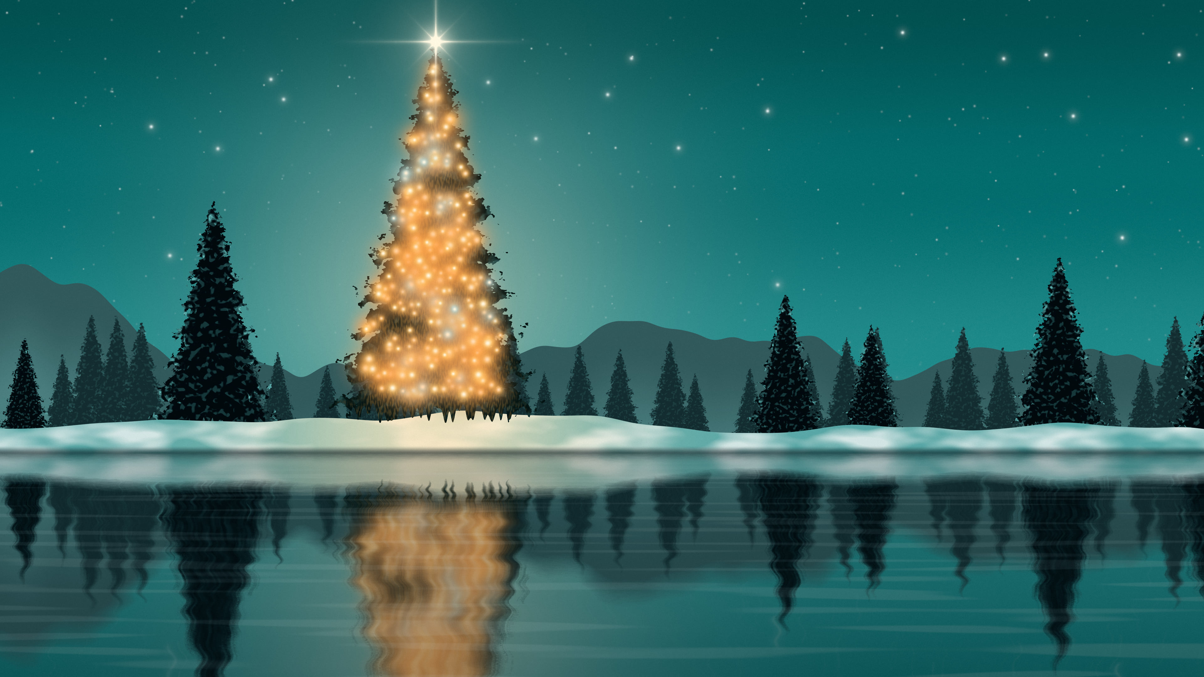 Teal Christmas Tree by a Lake desktop wallpaper in 4K
