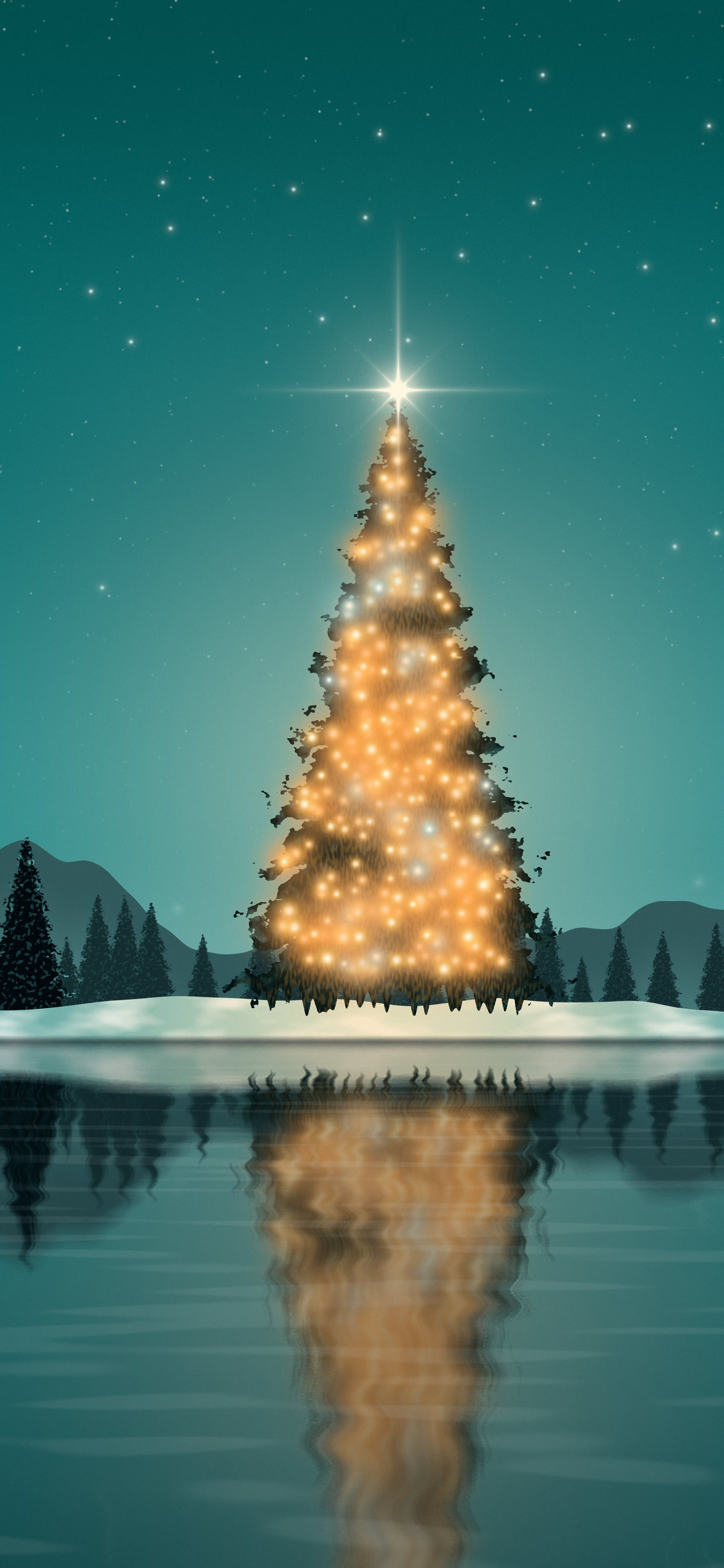 Teal Christmas Tree by a Lake wallpaper for iPhone and Android