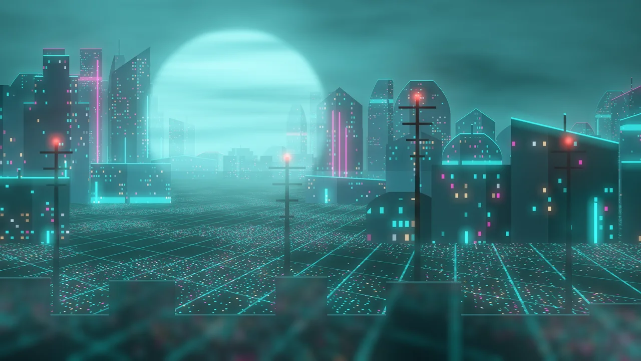 Teal Cyberpunk City Rooftop desktop wallpaper in 4K