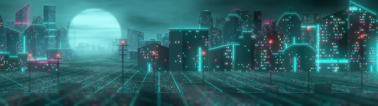Teal Cyberpunk City Rooftop dual monitor wallpaper, 7680 × 2160