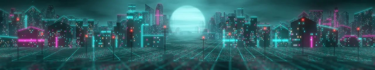 Teal Cyberpunk City Rooftop triple monitor wallpaper, 7680 × 1440