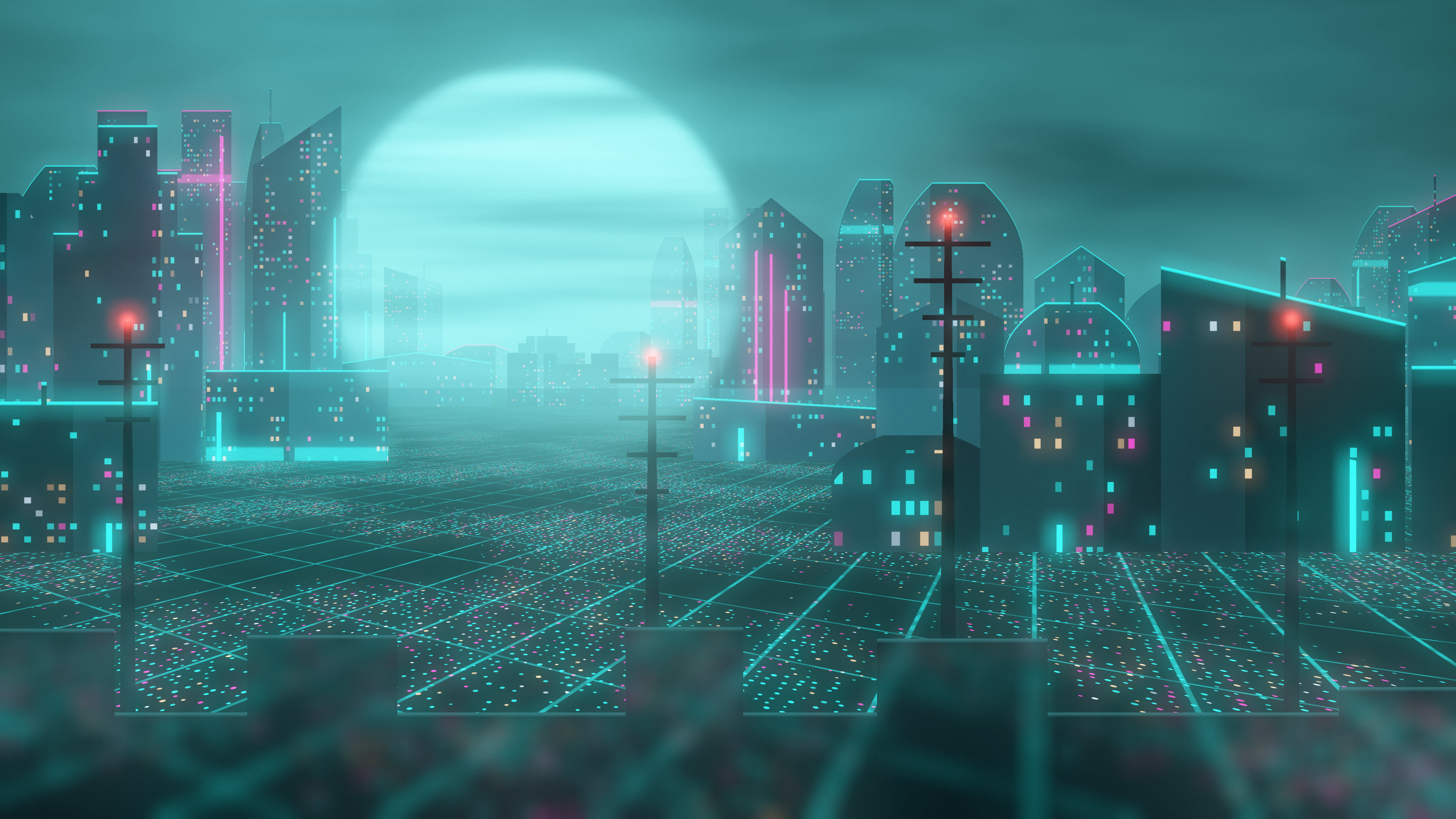 Teal Cyberpunk City Rooftop desktop wallpaper in 4K