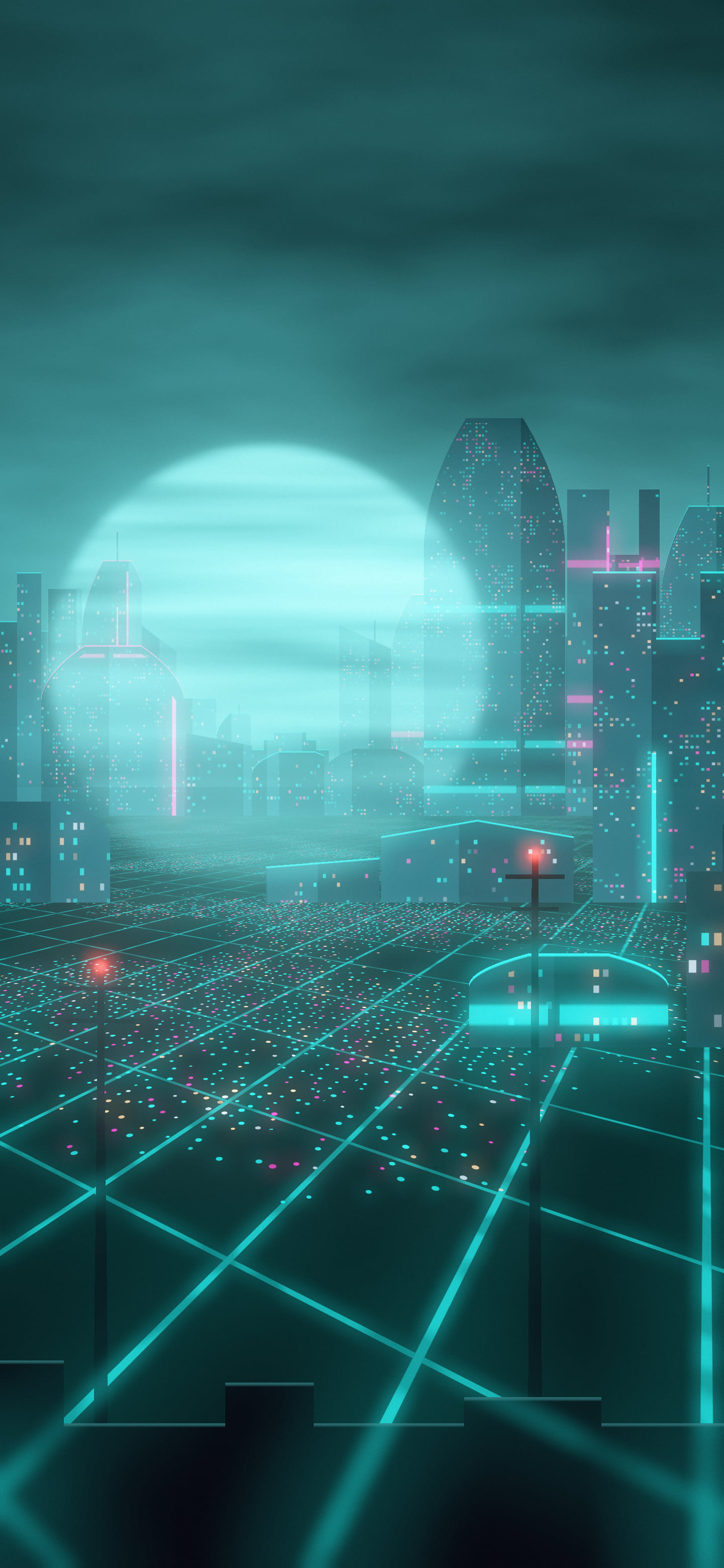 Teal Cyberpunk City Rooftop wallpaper for iPhone and Android