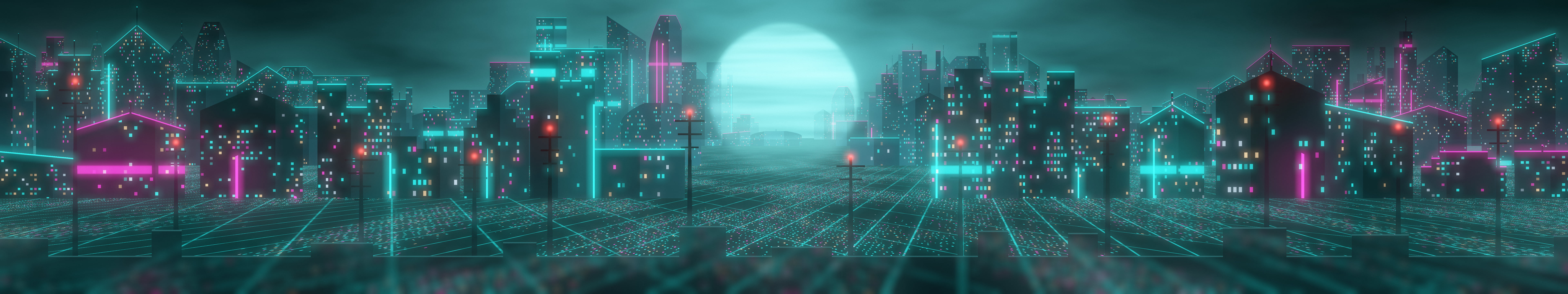 Teal Cyberpunk City Rooftop triple monitor wallpaper, 7680 × 1440