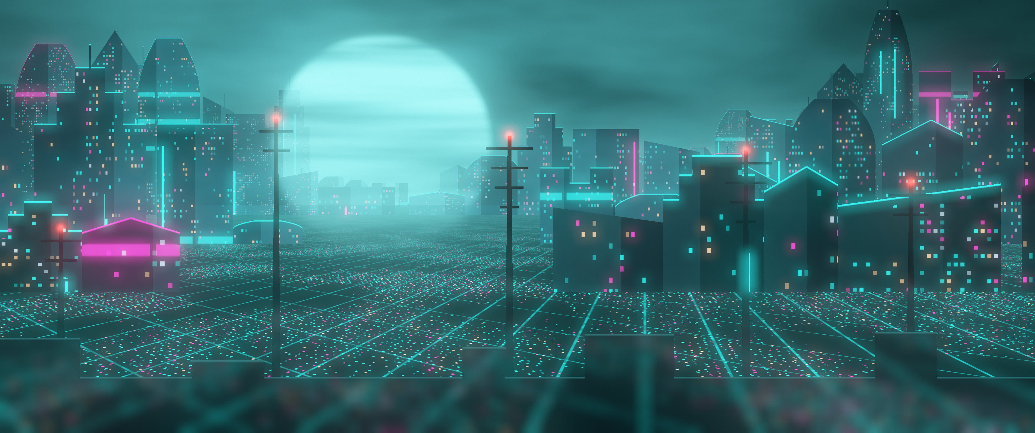 Teal Cyberpunk City Rooftop ultrawide wallpaper, 3440 × 1440