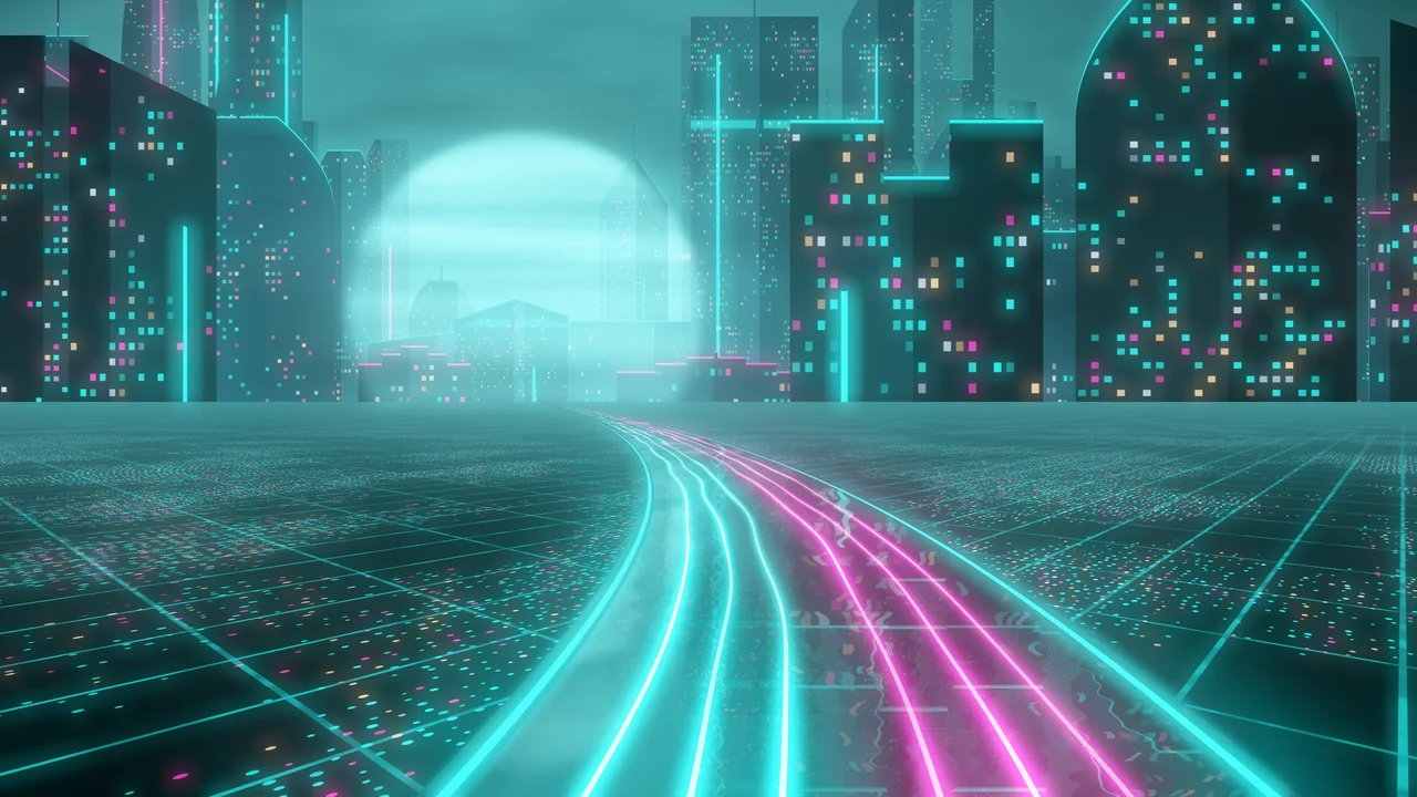 Teal Cyberpunk Highway desktop wallpaper in 4K