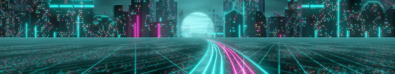 Teal Cyberpunk Highway triple monitor wallpaper, 7680 × 1440