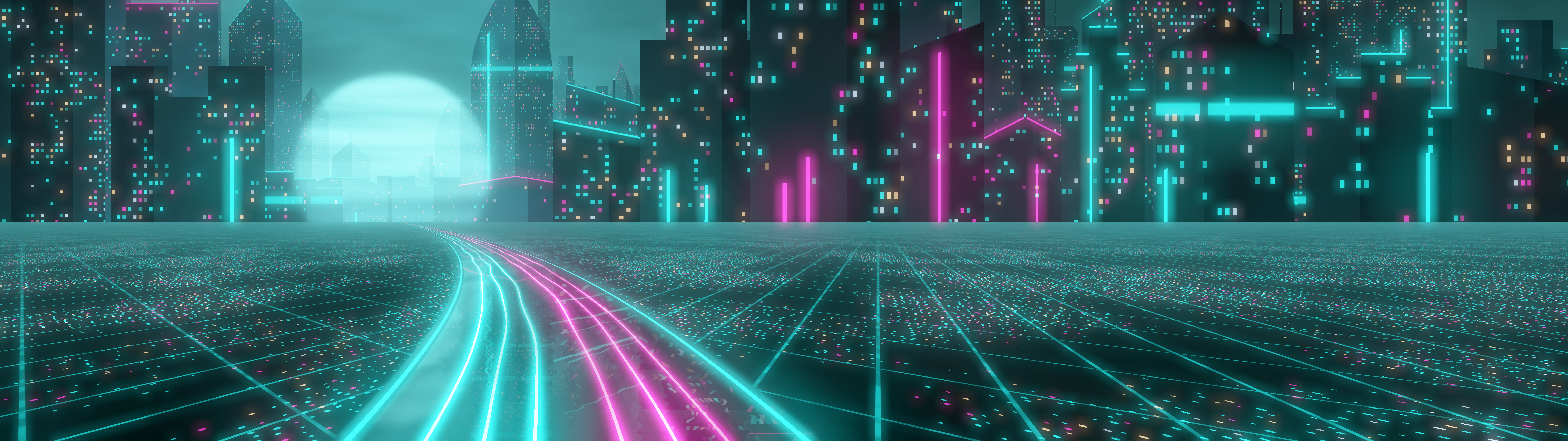 Teal Cyberpunk Highway dual monitor wallpaper, 7680 × 2160