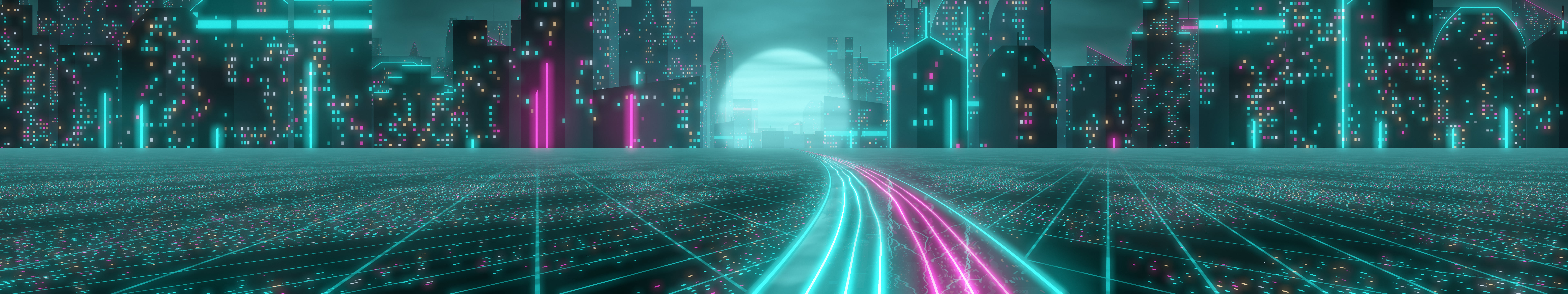 Teal Cyberpunk Highway triple monitor wallpaper, 7680 × 1440