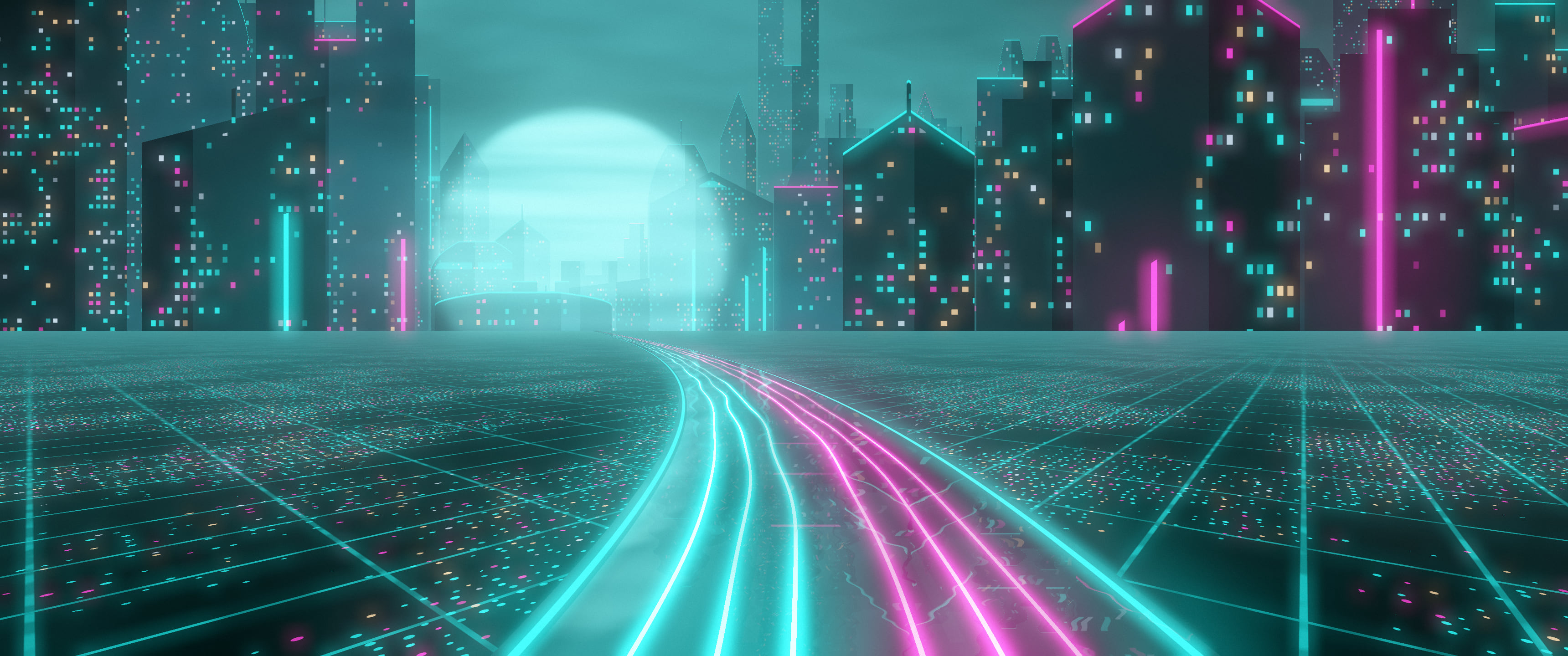 Teal Cyberpunk Highway ultrawide wallpaper, 3440 × 1440