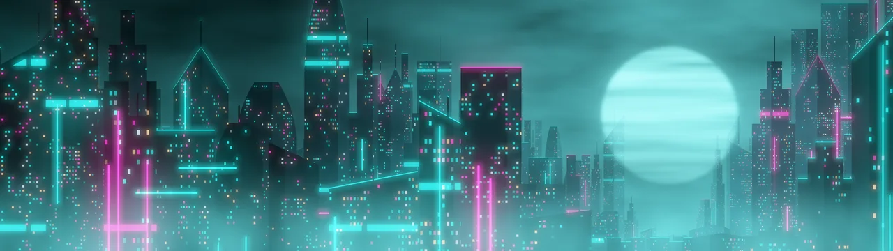 Teal Cyberpunk Megacity dual monitor wallpaper, 7680 × 2160