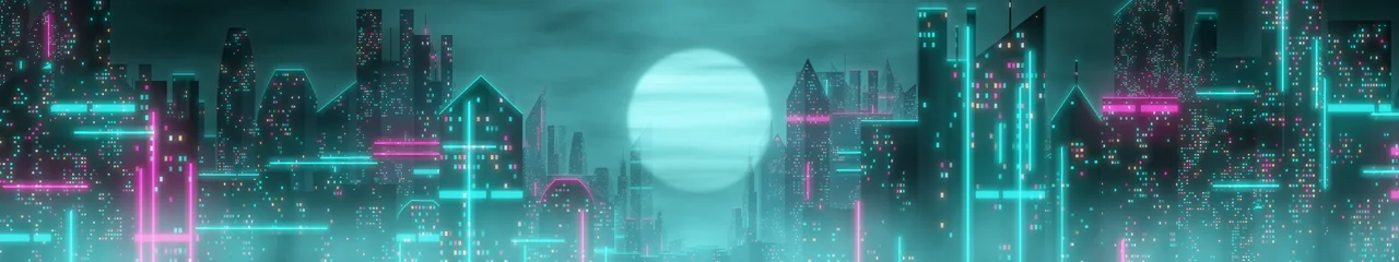 Teal Cyberpunk Megacity triple monitor wallpaper, 7680 × 1440