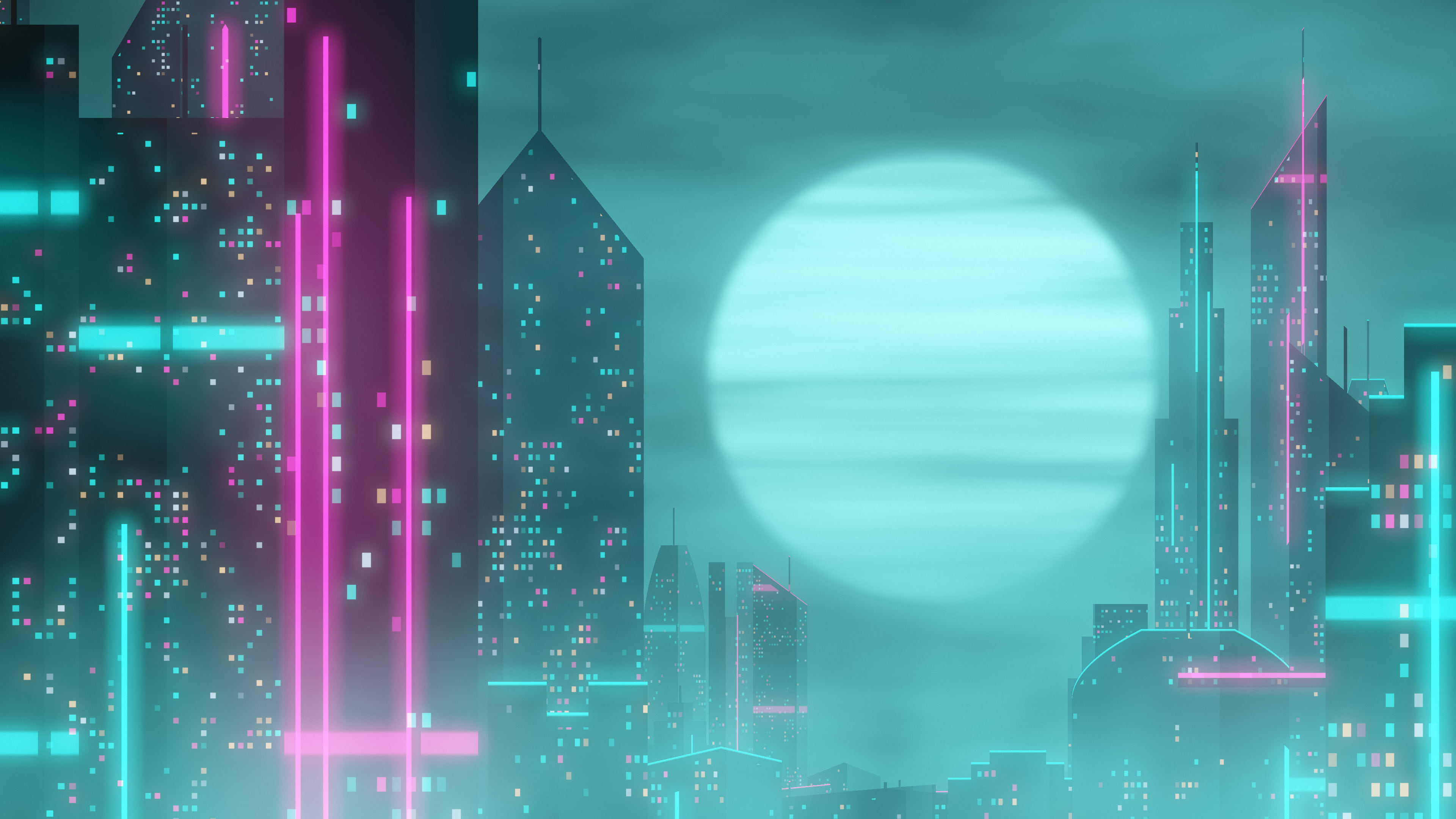 Teal Cyberpunk Megacity desktop wallpaper in 4K