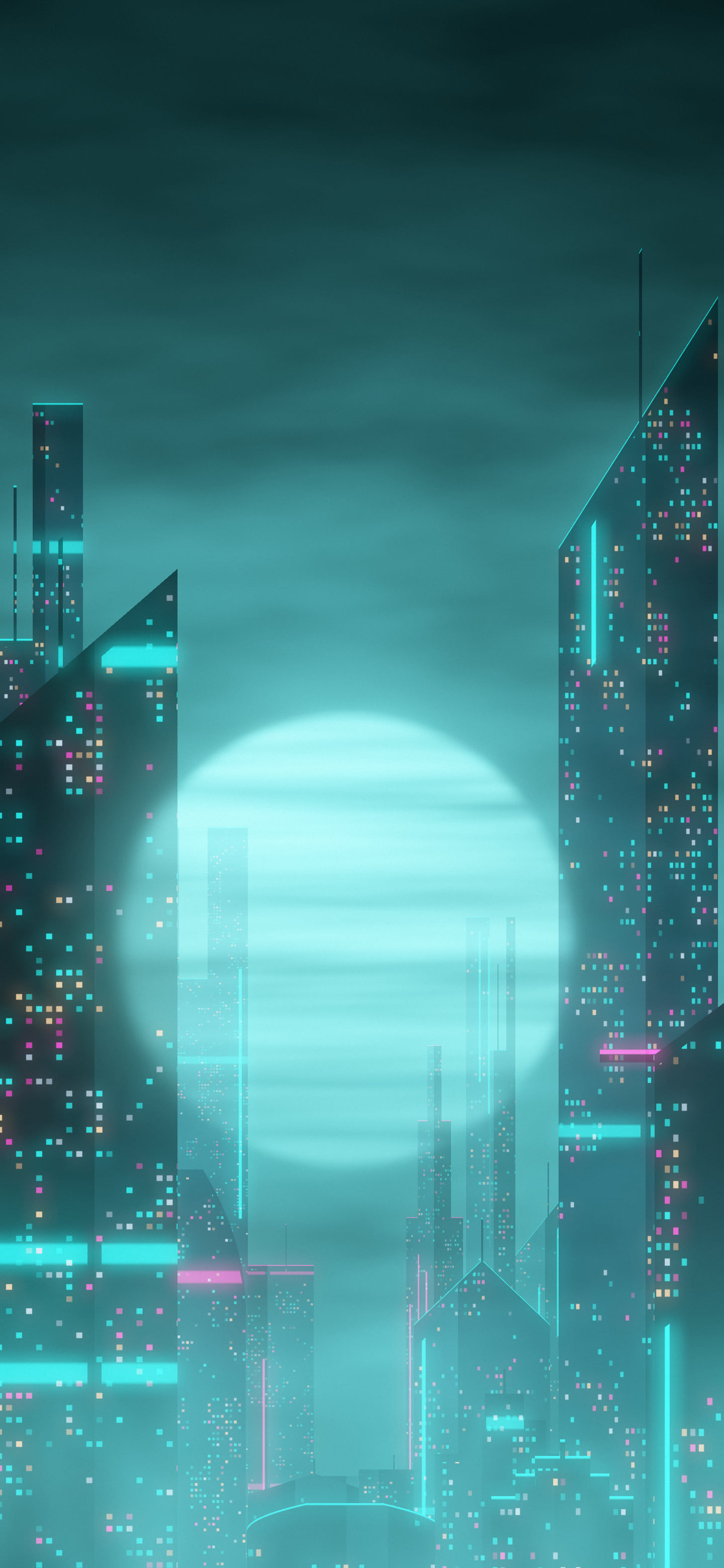 Teal Cyberpunk Megacity wallpaper for iPhone and Android