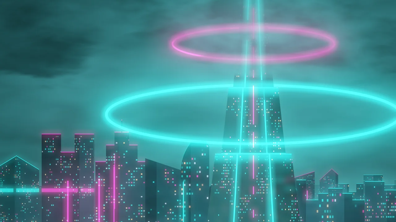 Teal Cyberpunk Tower desktop wallpaper in 4K