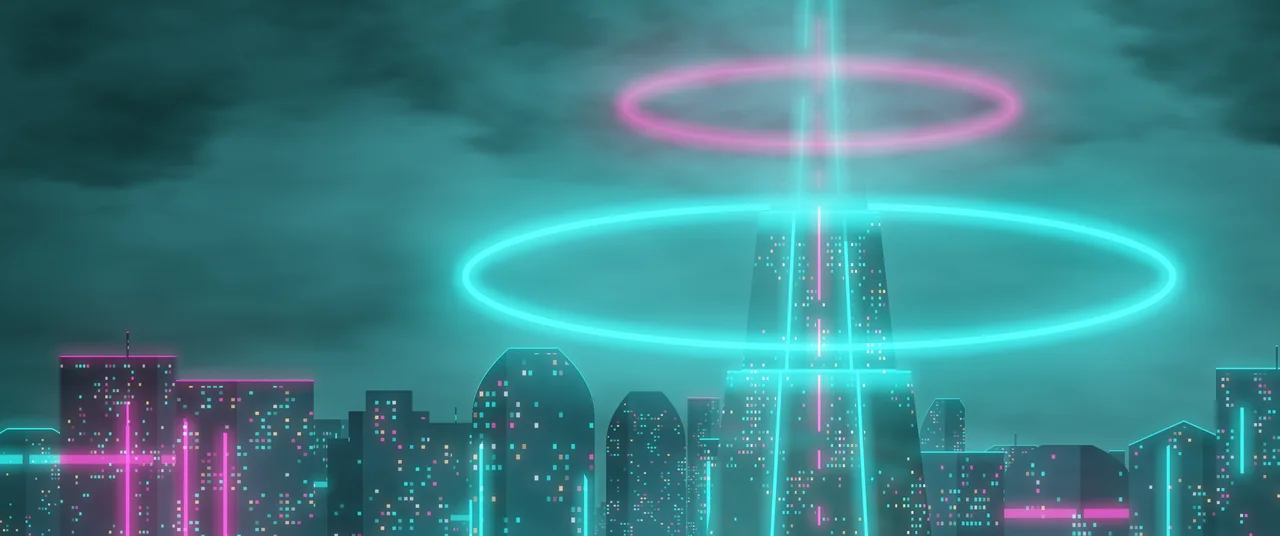 Teal Cyberpunk Tower ultrawide wallpaper, 3440 × 1440