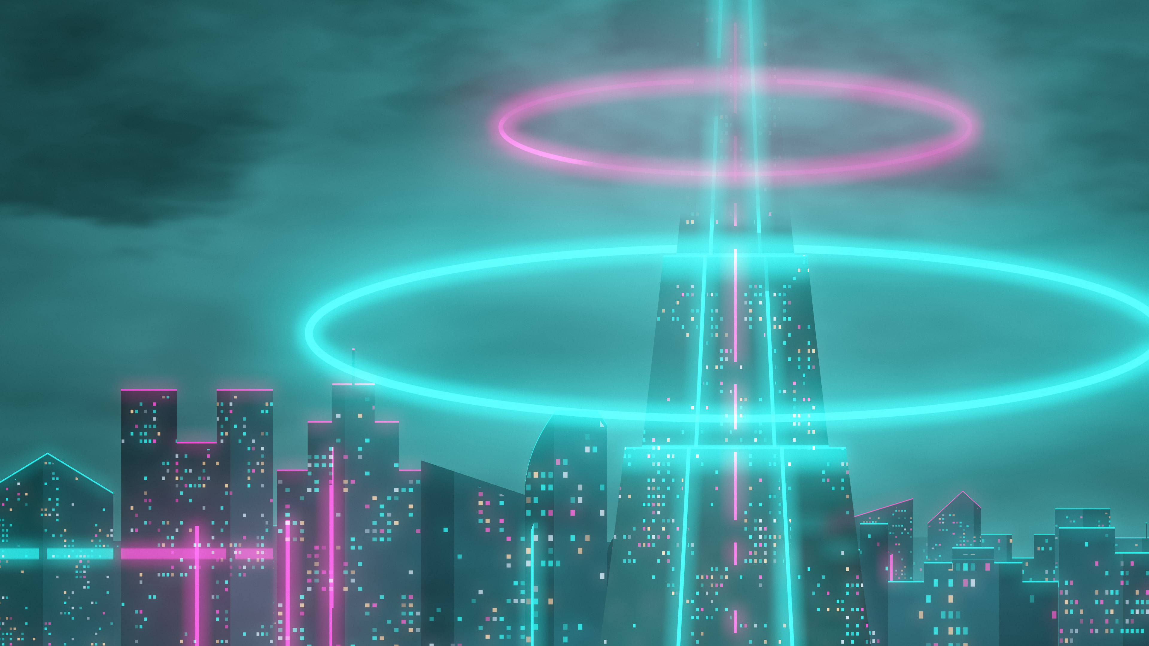 Teal Cyberpunk Tower desktop wallpaper in 4K