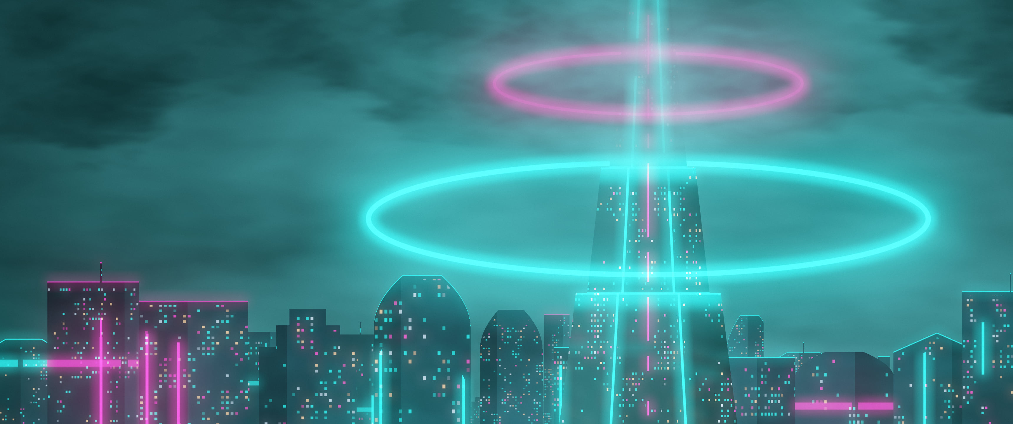 Teal Cyberpunk Tower ultrawide wallpaper, 3440 × 1440