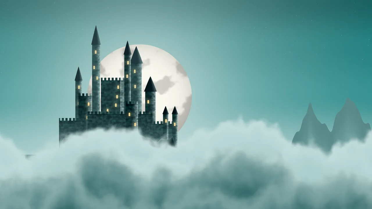 Teal Fantasy Castle in the Clouds desktop wallpaper in 4K
