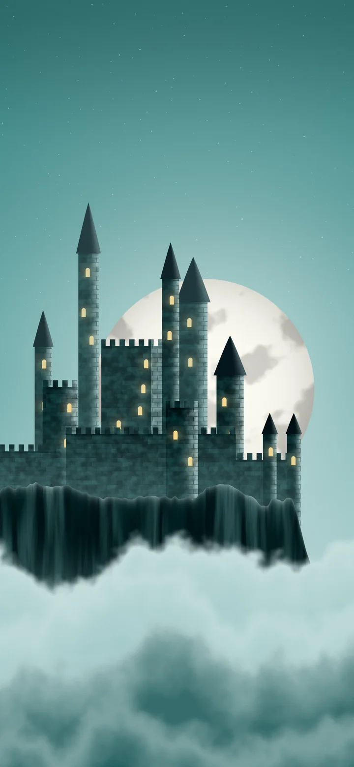 Teal Fantasy Castle in the Clouds wallpaper for iPhone and Android