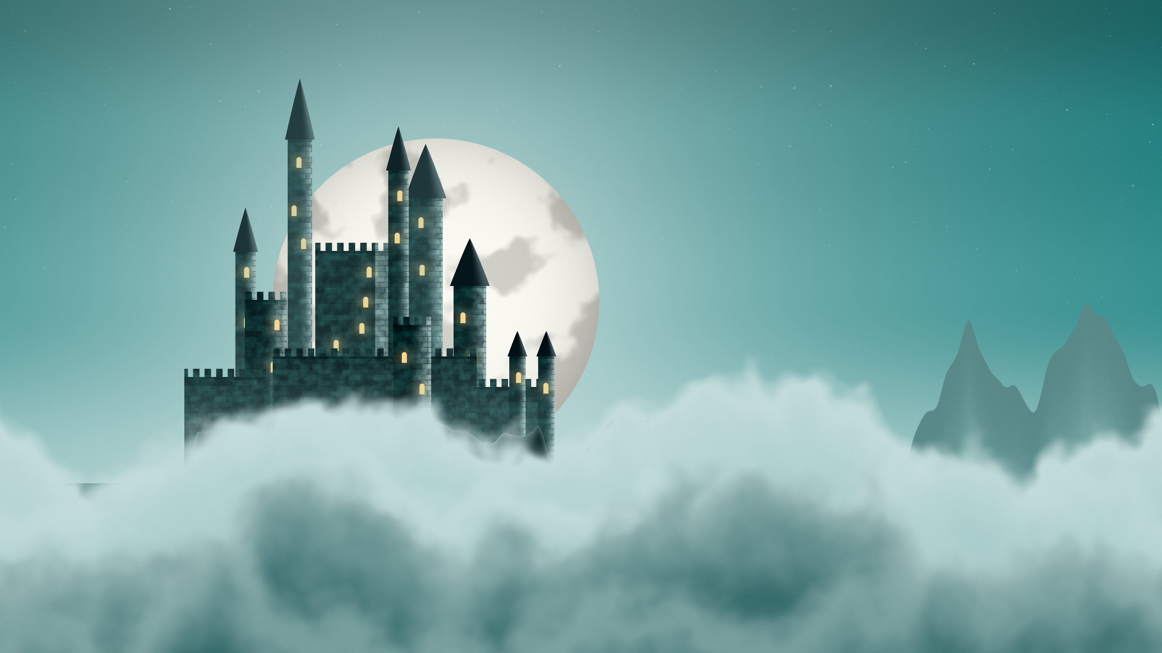 Teal Fantasy Castle in the Clouds desktop wallpaper in 4K