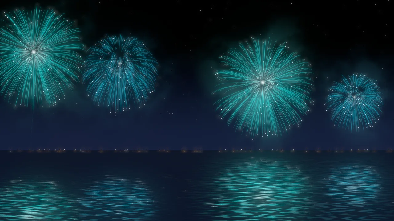 Teal Fireworks Over Water desktop wallpaper in 4K