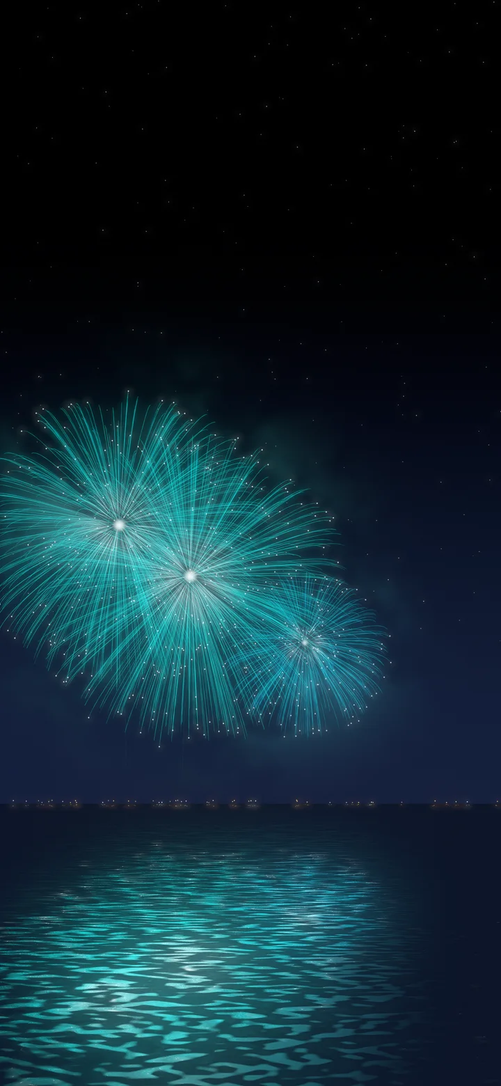 Teal Fireworks Over Water wallpaper for iPhone and Android