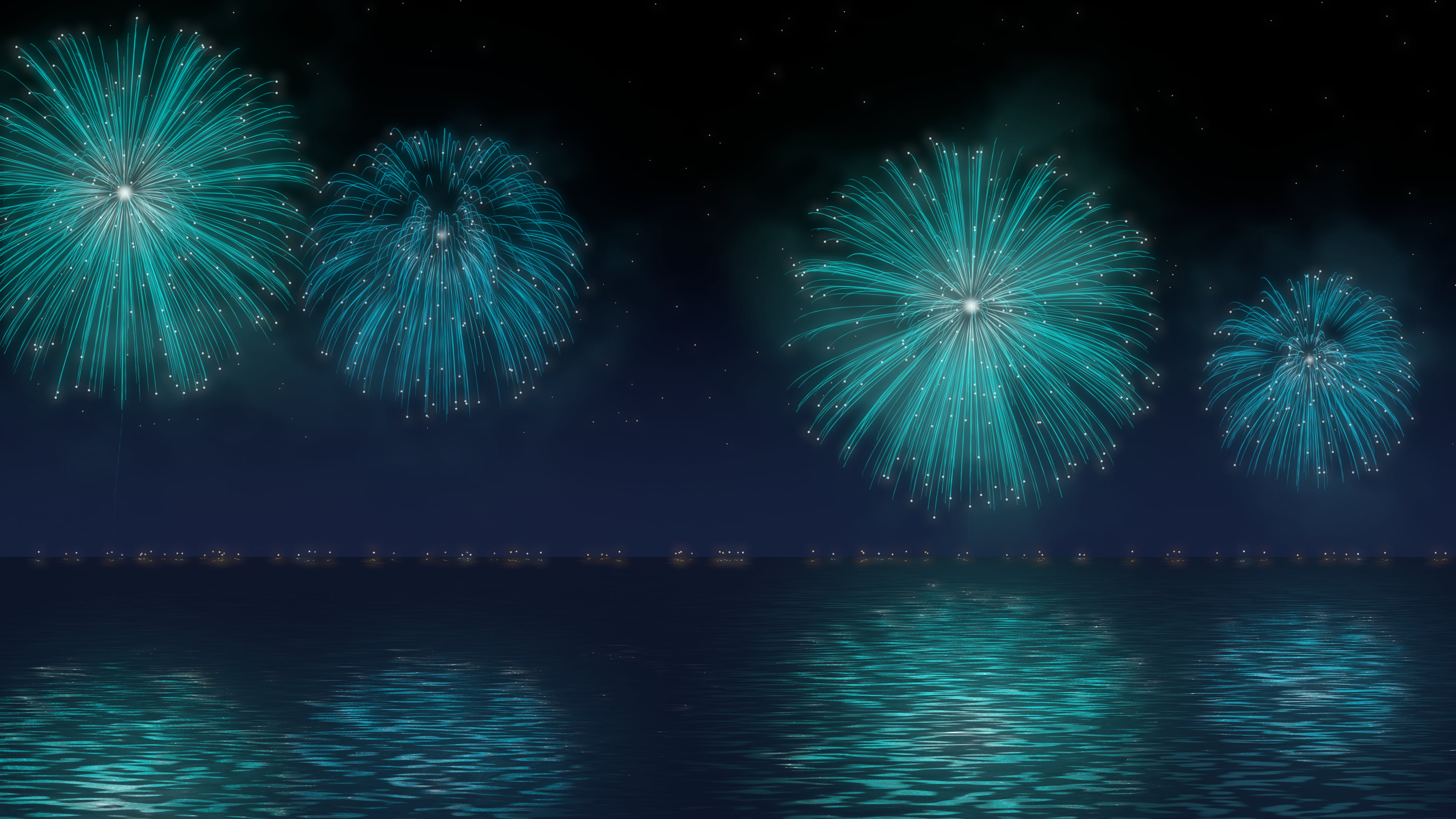 Teal Fireworks Over Water desktop wallpaper in 4K