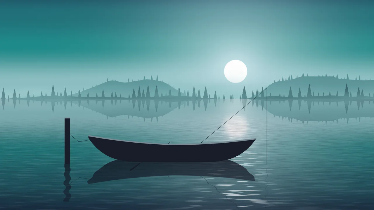 Teal Fishing Rowboat on a Misty Lake desktop wallpaper in 4K