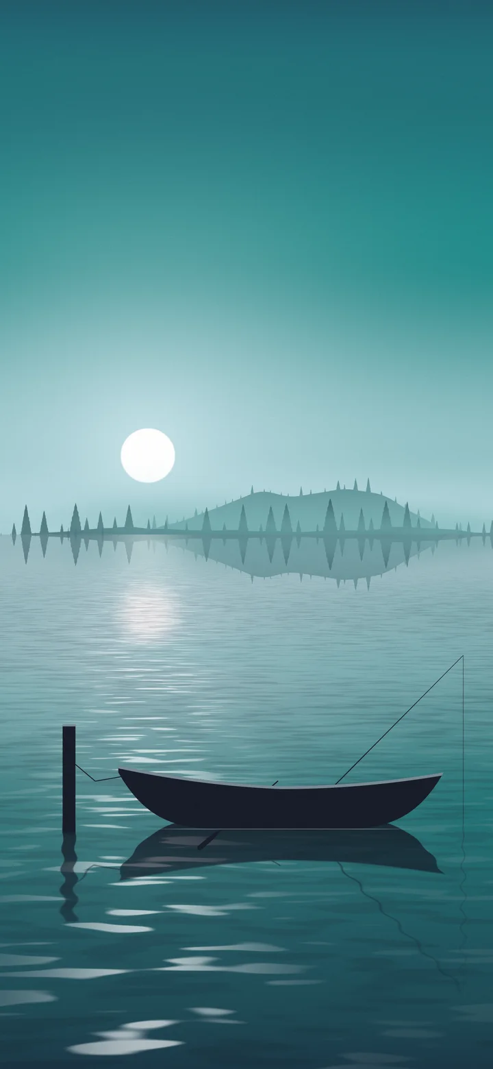 Teal Fishing Rowboat on a Misty Lake wallpaper for iPhone and Android