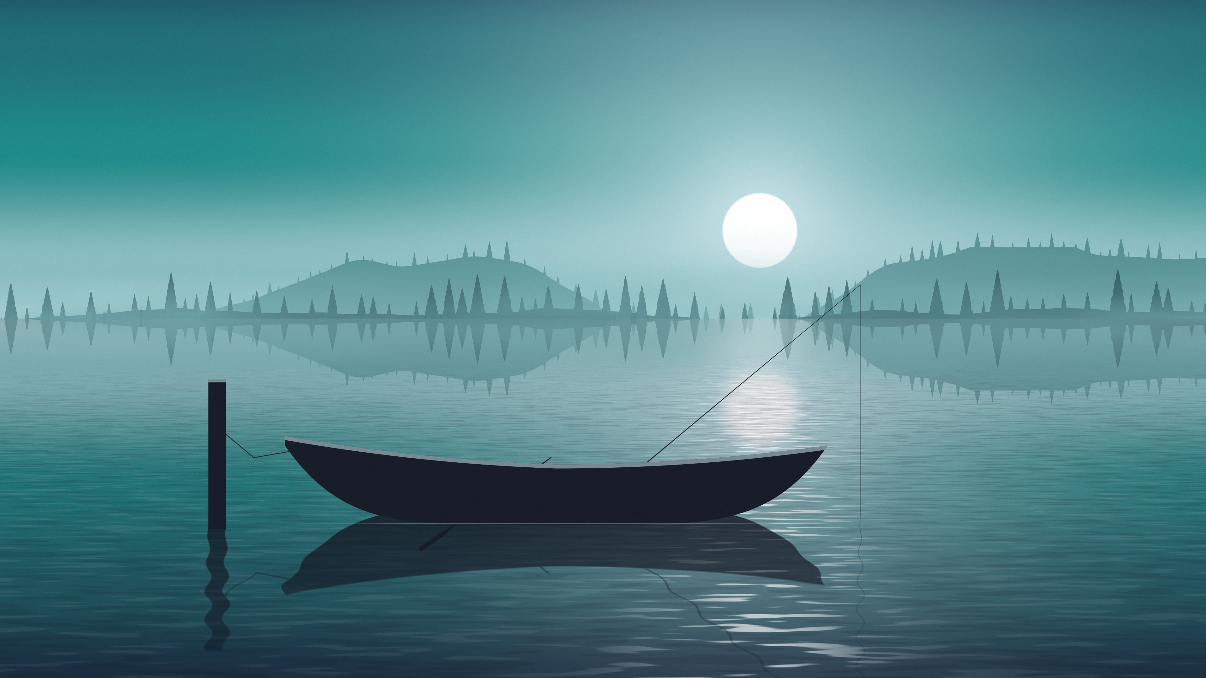 Teal Fishing Rowboat on a Misty Lake desktop wallpaper in 4K
