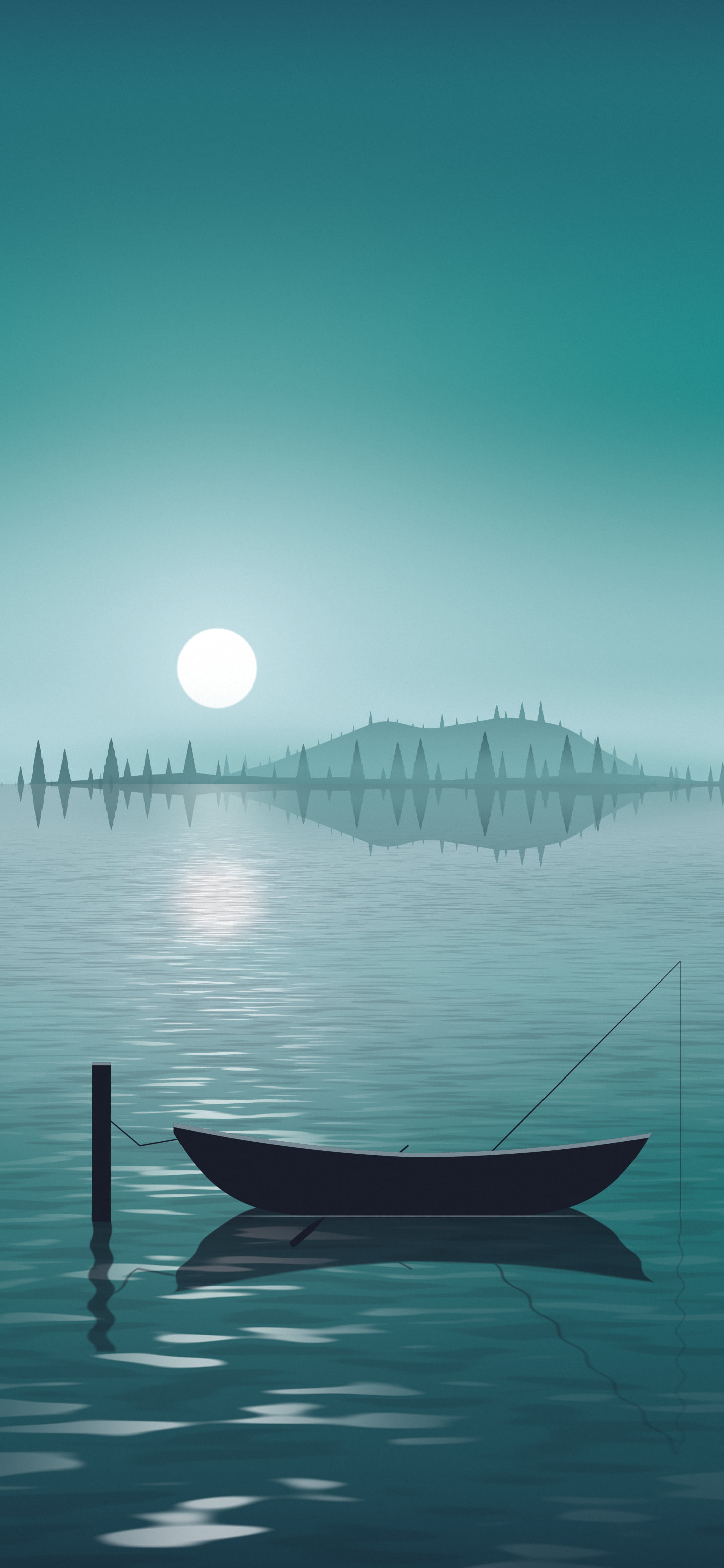 Teal Fishing Rowboat on a Misty Lake wallpaper for iPhone and Android