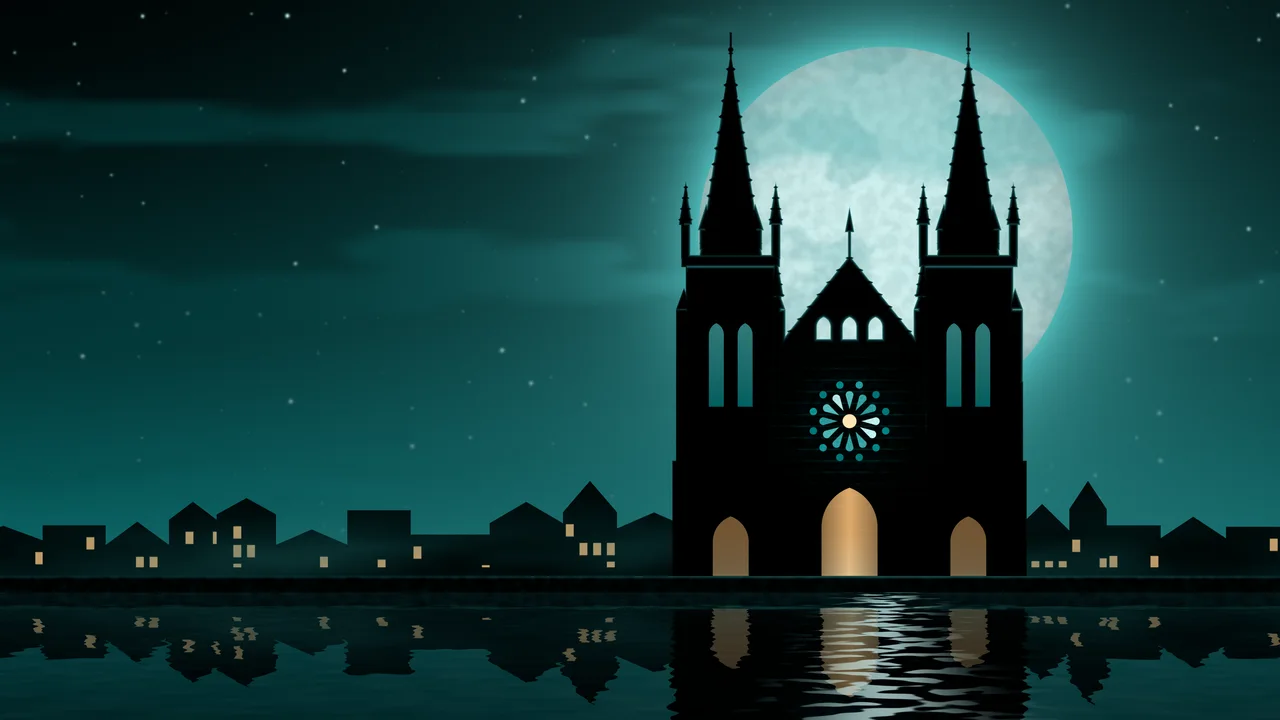 Teal Gothic Cathedral and Full Moon desktop wallpaper in 4K