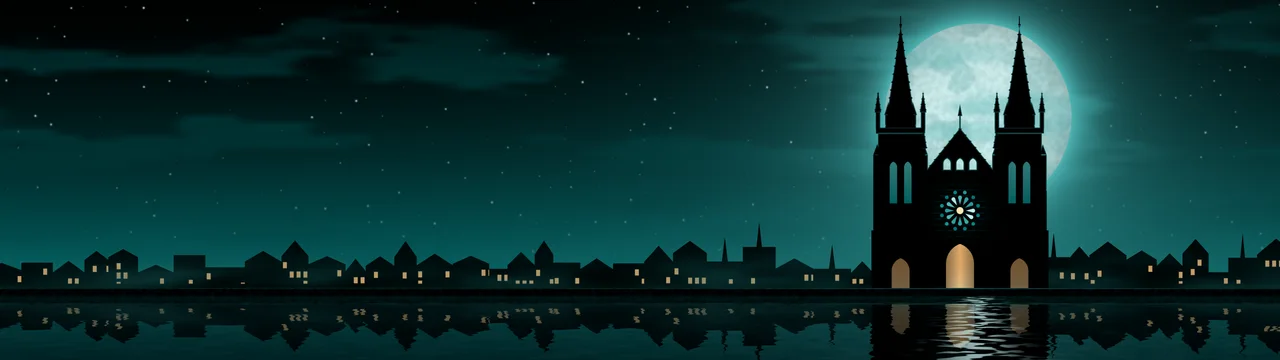 Teal Gothic Cathedral and Full Moon dual monitor wallpaper, 7680 × 2160