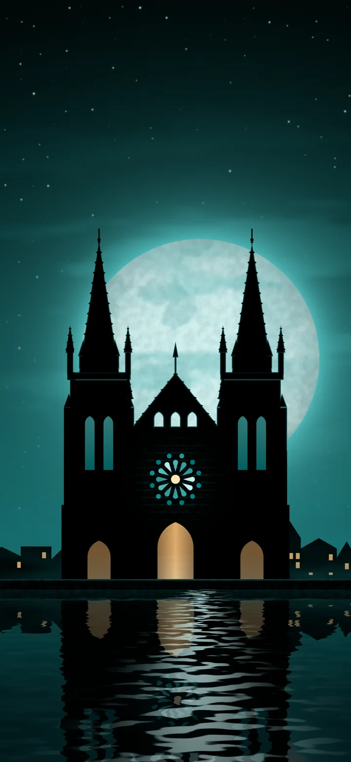 Teal Gothic Cathedral and Full Moon wallpaper for iPhone and Android