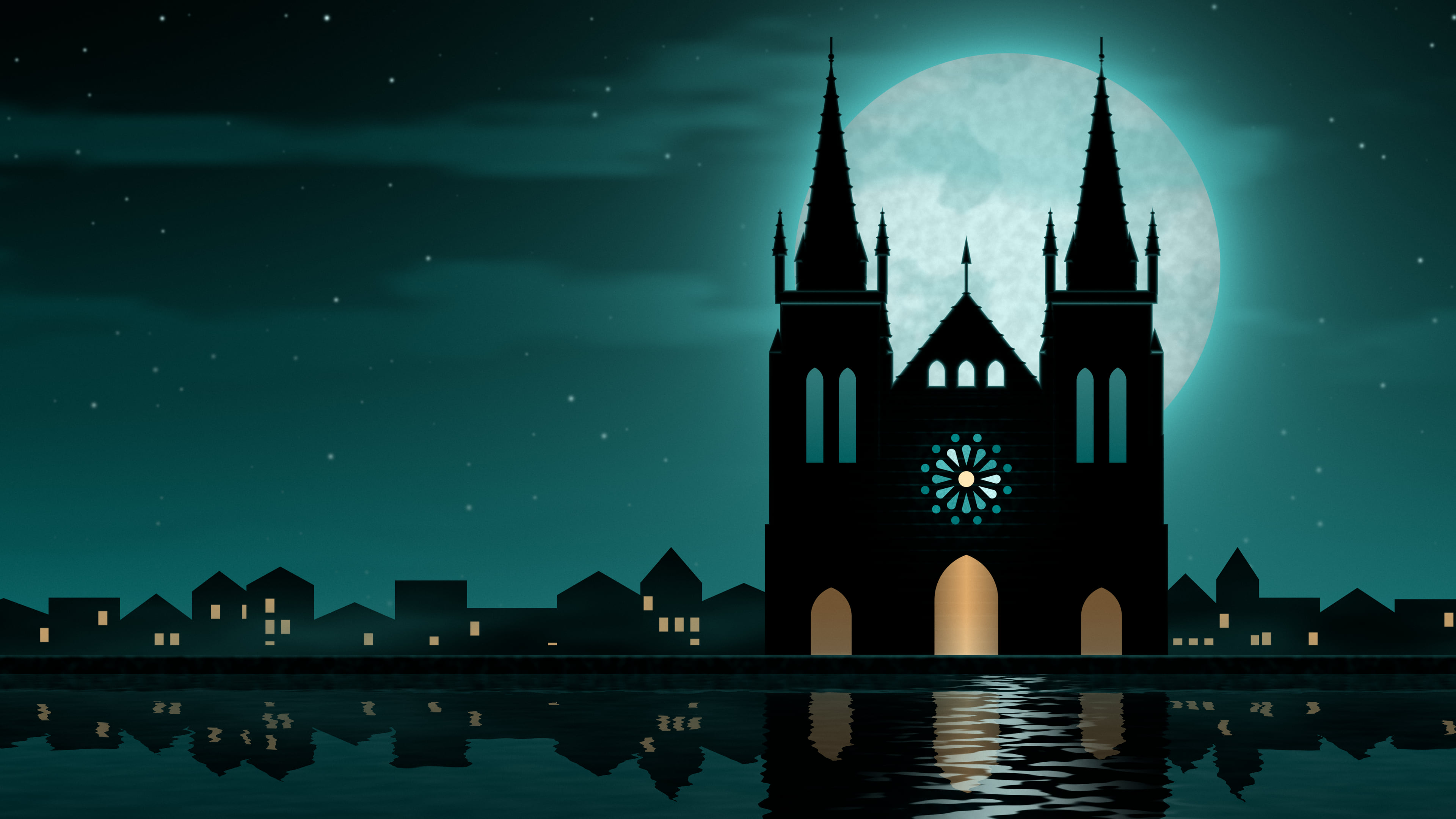 Teal Gothic Cathedral and Full Moon desktop wallpaper in 4K