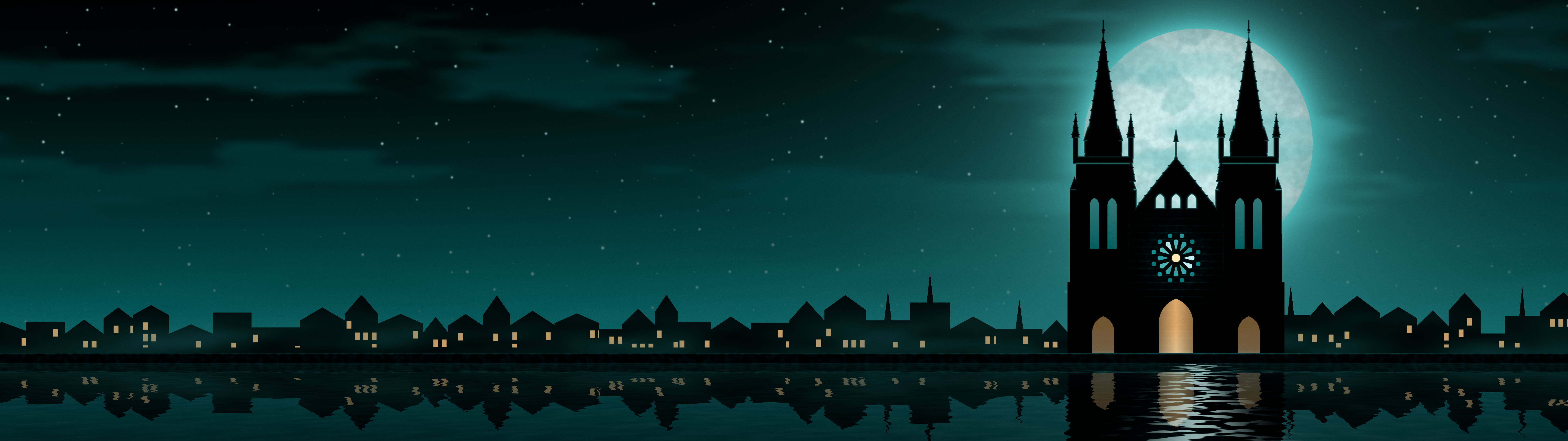 Teal Gothic Cathedral and Full Moon dual monitor wallpaper, 7680 × 2160