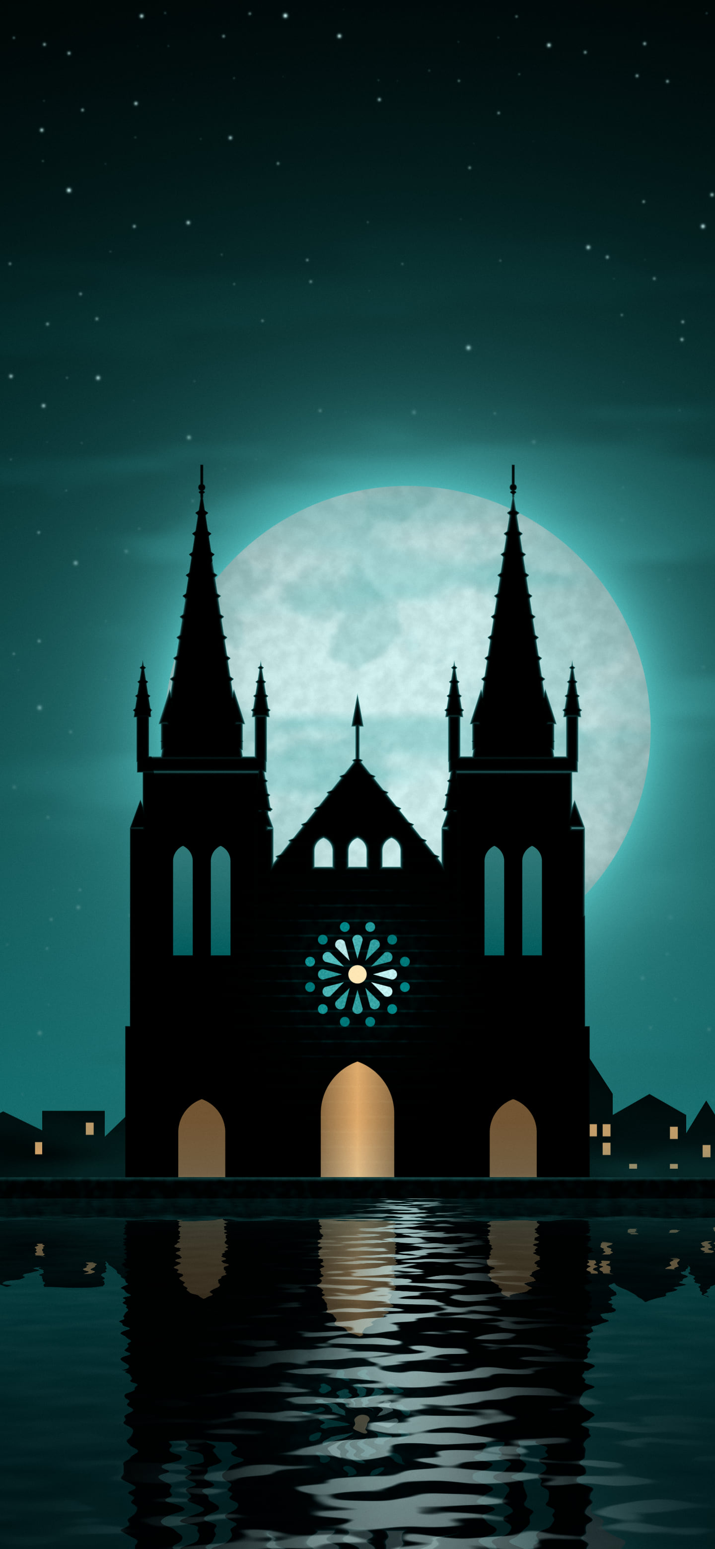 Teal Gothic Cathedral and Full Moon wallpaper for iPhone and Android