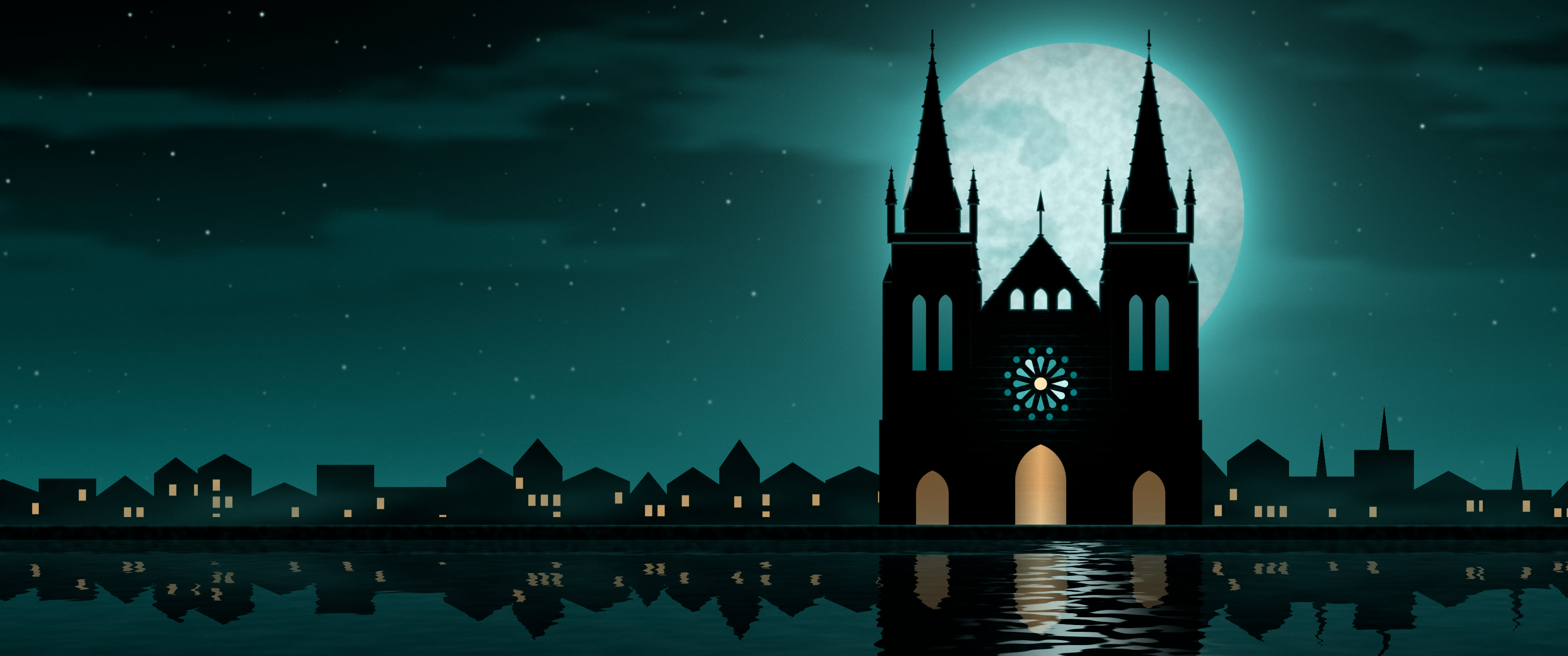Teal Gothic Cathedral and Full Moon ultrawide wallpaper, 3440 × 1440