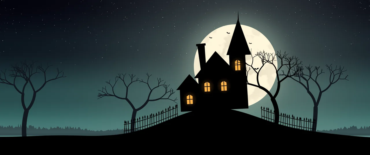 Teal Haunted House ultrawide wallpaper, 3440 × 1440
