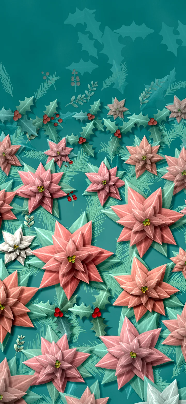Teal Holly and Poinsettia Pattern wallpaper for iPhone and Android