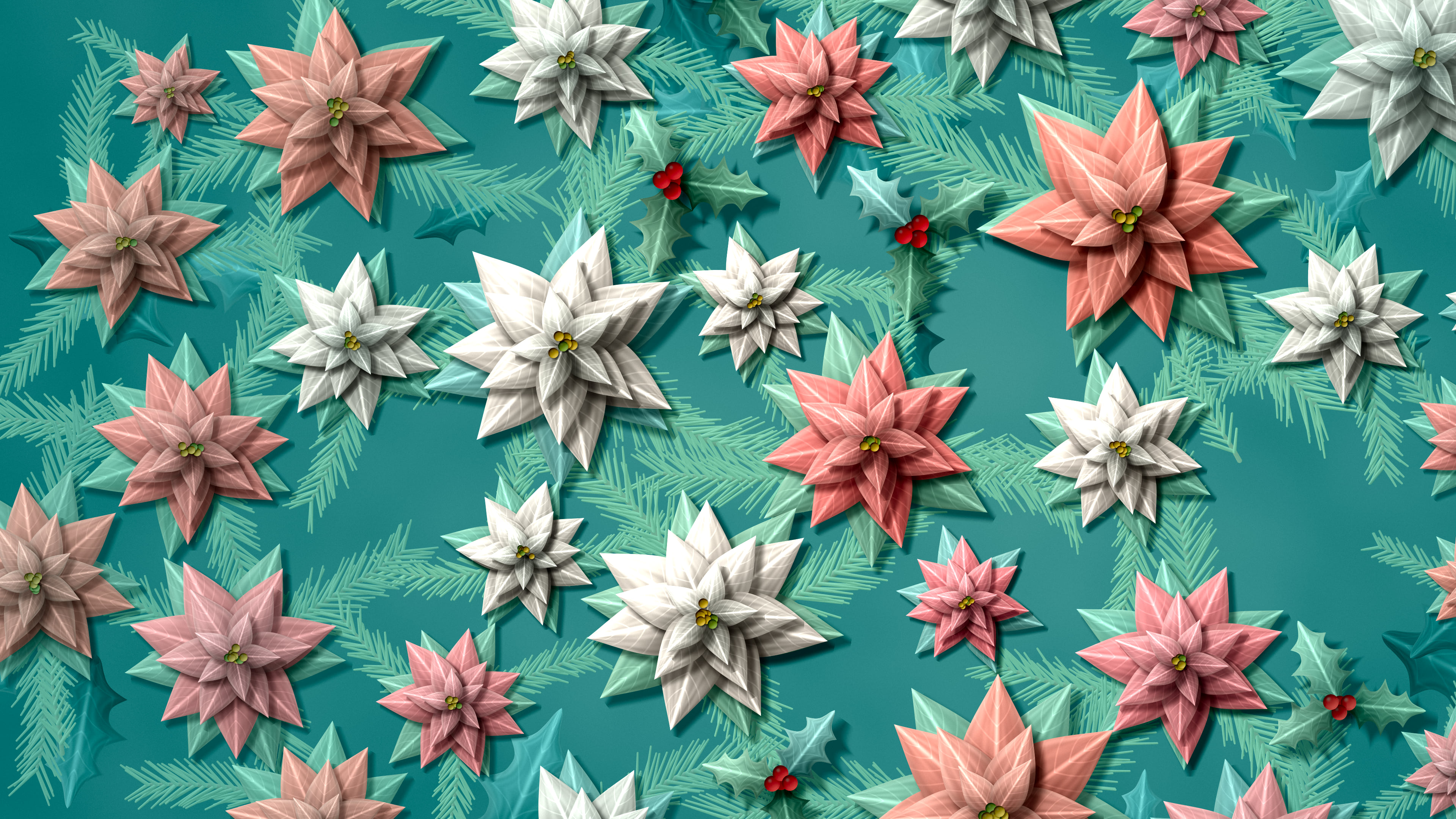 Teal Holly and Poinsettia Pattern desktop wallpaper in 4K