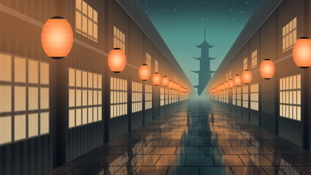 Teal Japanese Lantern Street desktop wallpaper in 4K