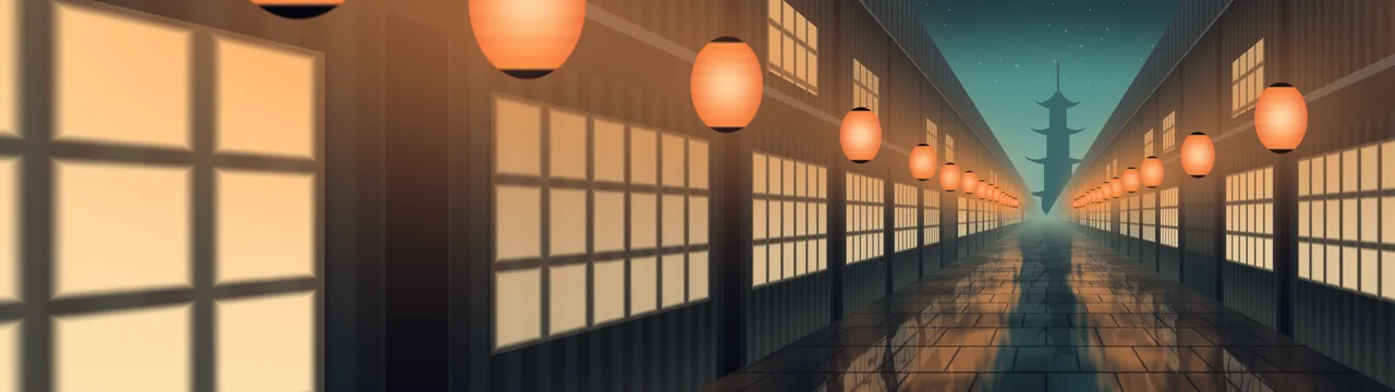 Teal Japanese Lantern Street dual monitor wallpaper, 7680 × 2160